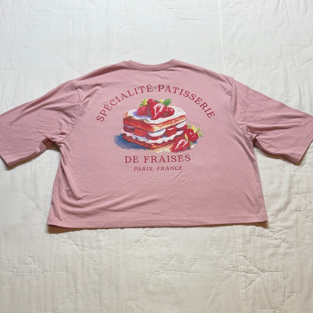 NWT Modern Lux Shirt Womens XXS Pink French Pastry Oversized Cropped Graphic Tee - Picture 8 of 10